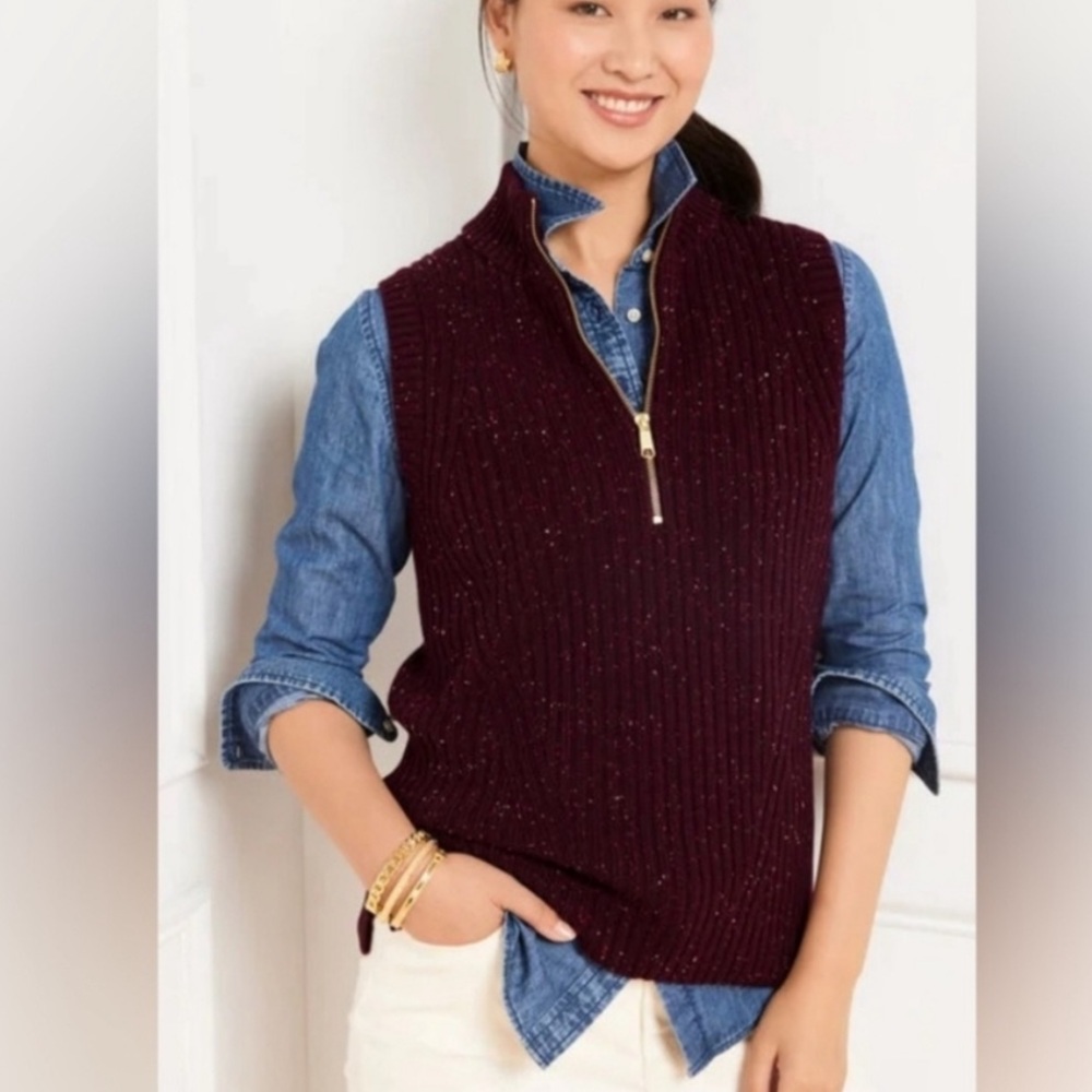 Talbots Burgundy Ribbed half Zip Vest Sweater